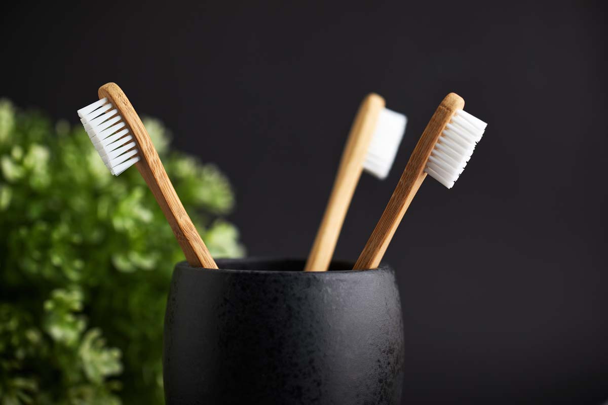 ecofriendly toothbrushes in a black jar toothbrush care